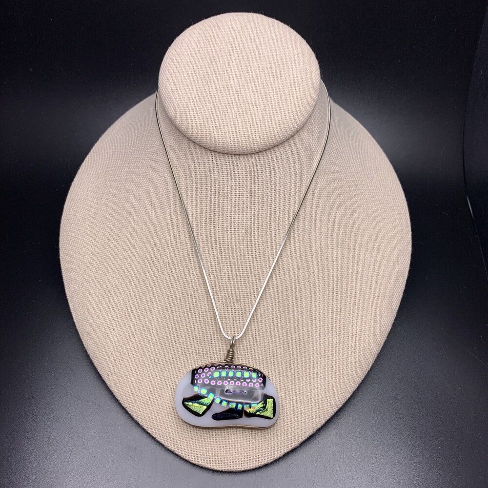 Art Glass Pendant Necklace Wire Wrapped Silver Tone Unique Multicolor